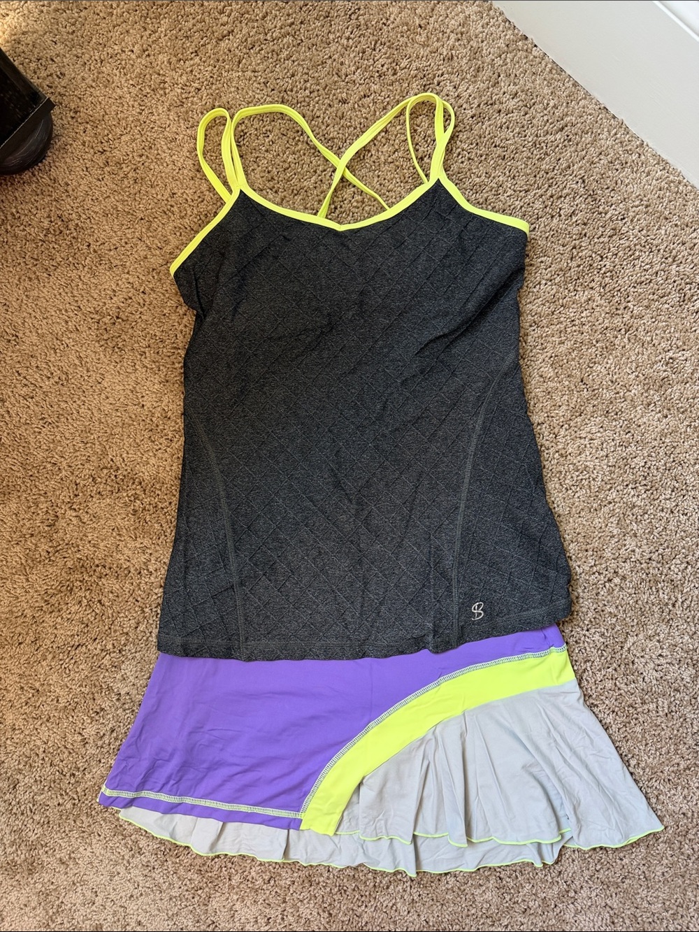 Black Tennis Set with Neon Yellow Trim and Purple Skirt